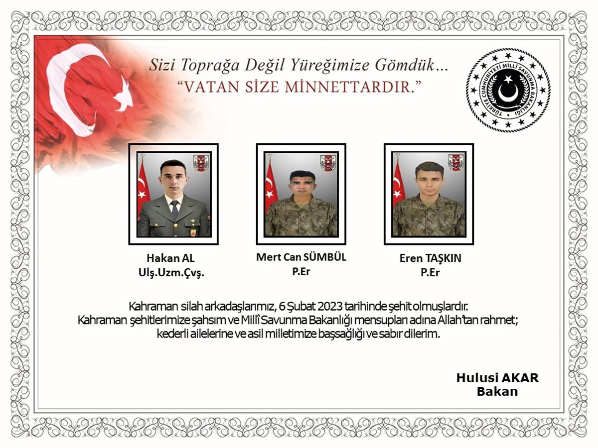 Depremde şehit olan 3 askerin isimleri belli oldu